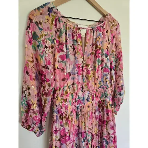Shoshanna Silk Floral Midi Dress Pink Ruched Keyhole Size 8 - Picture 6 of 8